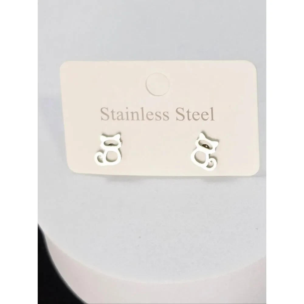 Cat Outline Stud Earrings Dainty Silver Stainless Steel Minimalist Pet Lover